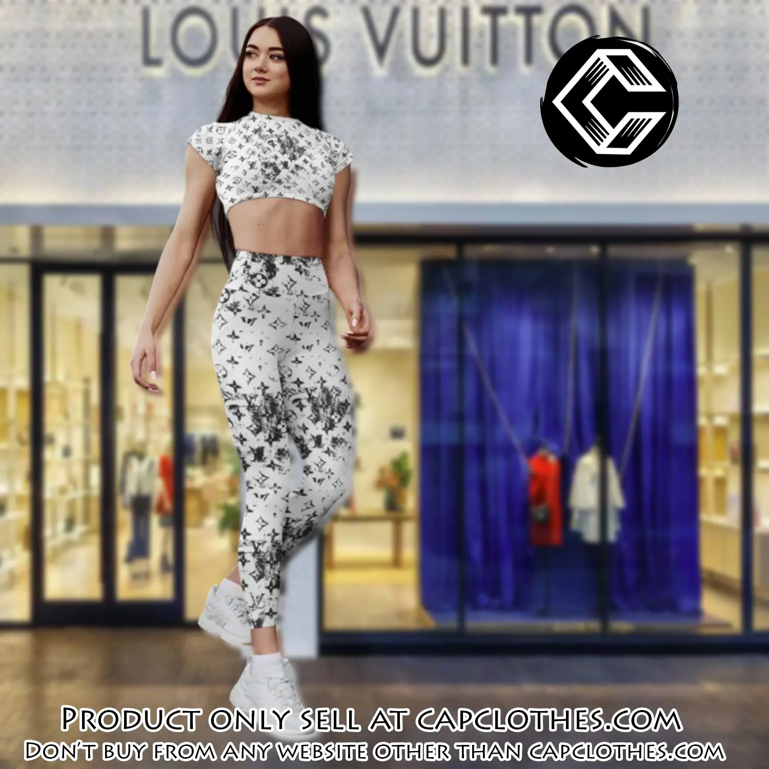 White louis vuitton luxury sportwear combo luxury brand crop top tshirt and legging for women ctl1045 cc0108215